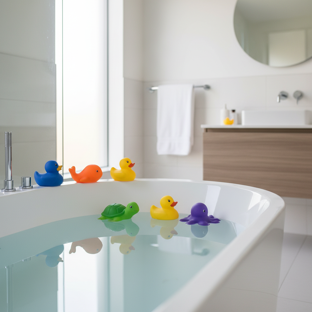 A modern, clean bathroom with a collection of colorful, seamless bath toys arranged neatly on a white bathtub ledge or floating in clear water.