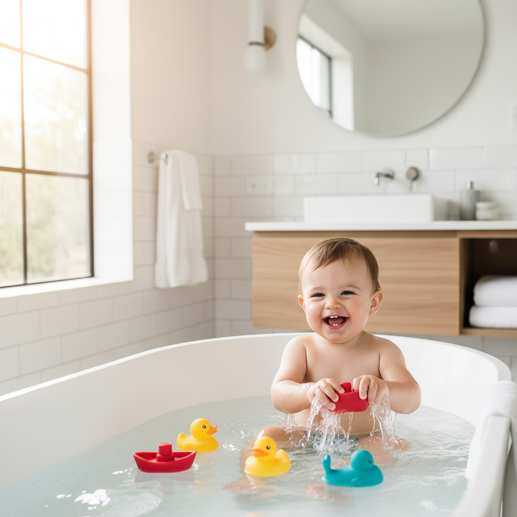 A happy toddler in a clean, well-lit bathtub playing with solid, colorful rubber duckies and boat toys, with no visible holes or seams. The scene is bright, safe, and inviting.