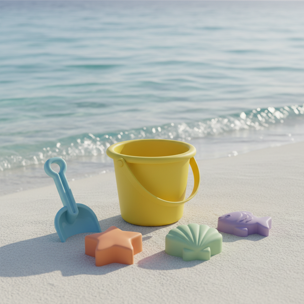 A collection of colorful, soft silicone beach toys for toddlers arranged on a clean, light sandy shore with gentle ocean waves in the background.