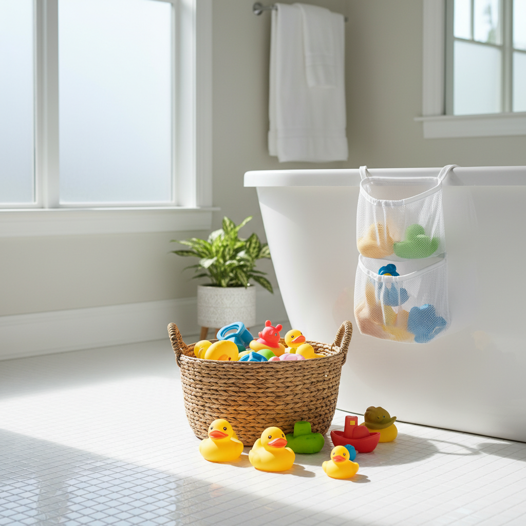 A bright, clean bathroom with a stylish woven basket and a mesh hanging organizer filled with colorful bath toys, placed neatly on dry tile next to a bathtub.