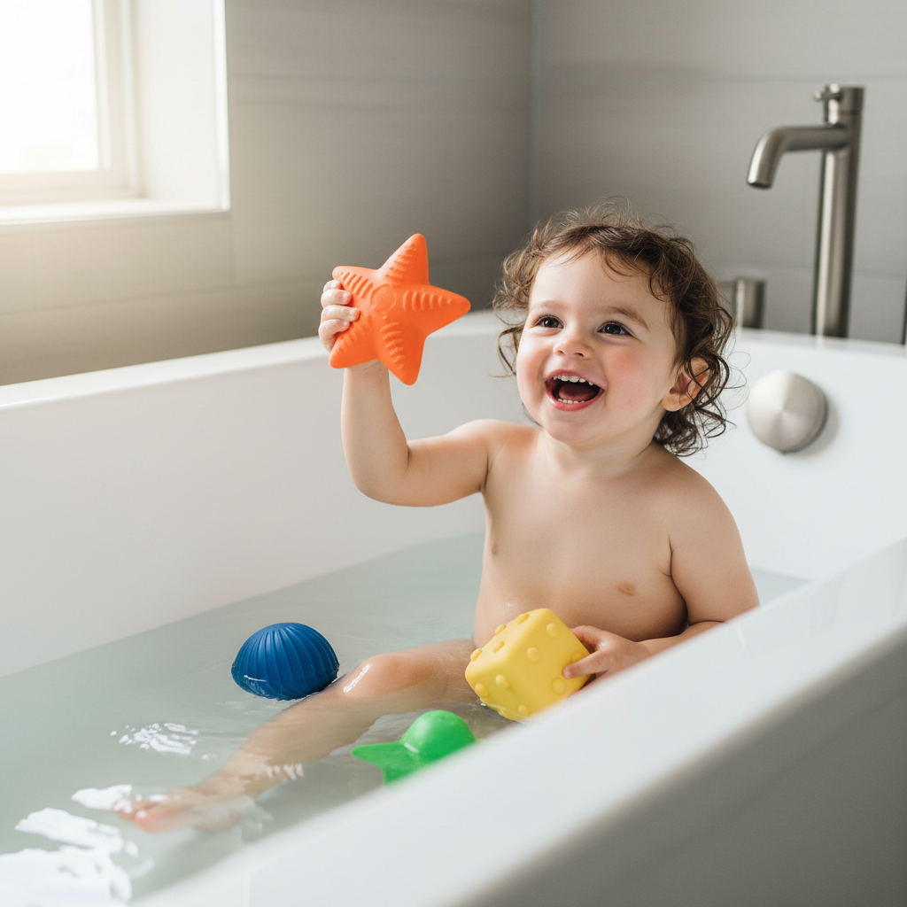 A happy toddler playing with colorful, solid sensory bath toys in a clean, well-lit bathtub.