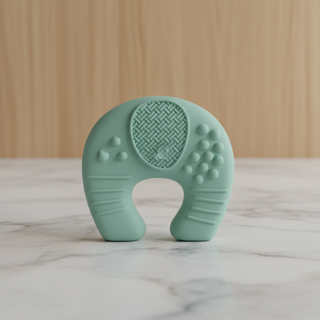 A close-up photograph of a textured, BPA-free silicone teething toy on a clean, light-colored background.