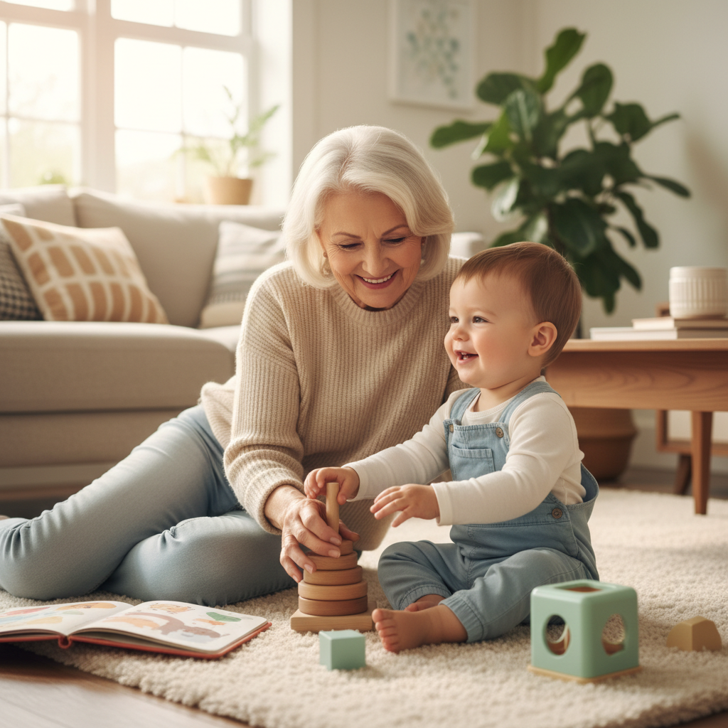 A loving grandmother and her young grandchild playing together on a soft rug with a selection of safe, modern wooden and plastic toys.