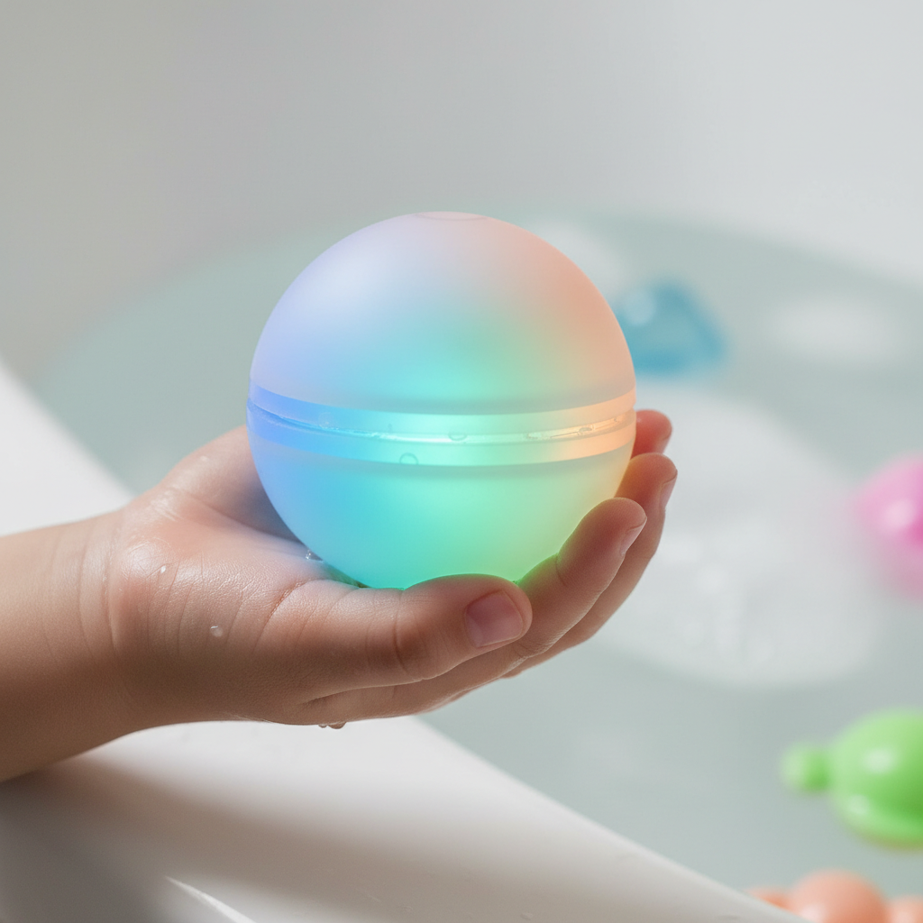A close-up, professional photograph of a child's hand safely holding a colorful, waterproof LED bath toy with a secure, visible seal, illuminated softly in a warm, clean bathroom setting.