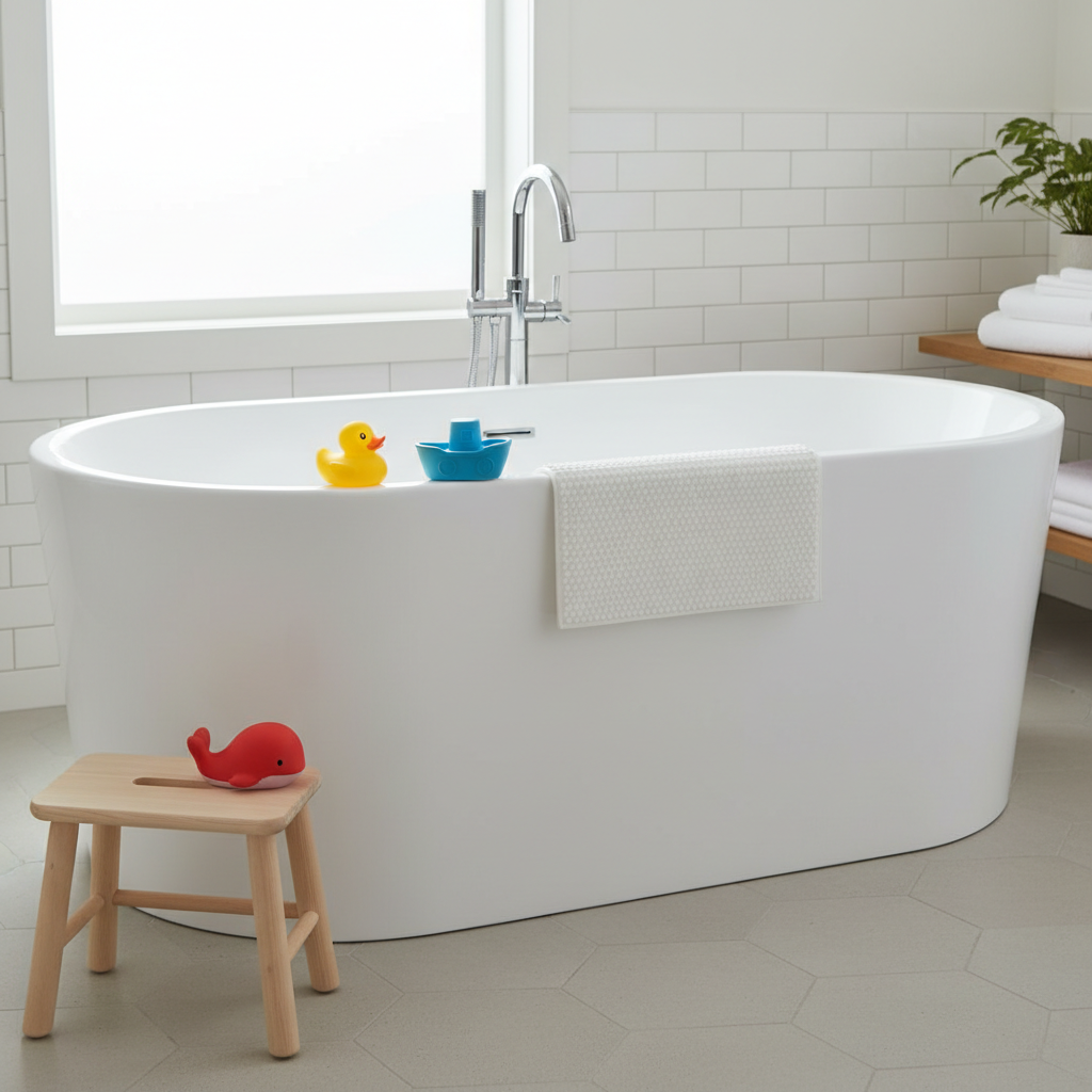 A bright, clean modern bathroom with a collection of colorful, mold-free bath toys arranged neatly on the edge of a white bathtub.