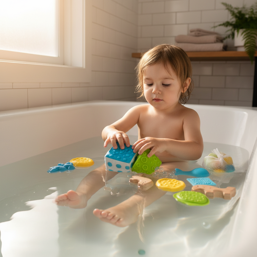 A calm, sensory-friendly bath scene with a smiling child gently playing with colorful, textured bath toys in clear water, natural lighting.