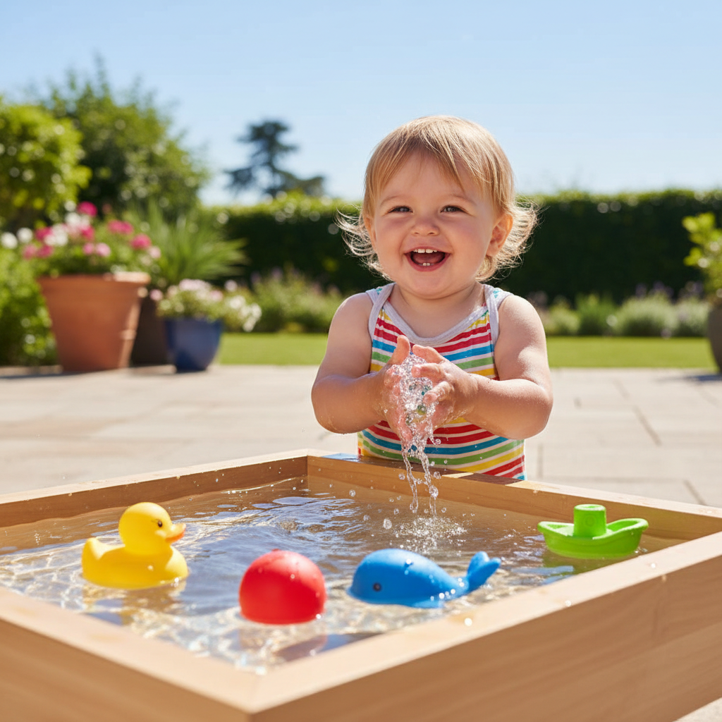 A smiling toddler plays with bright, solid-colored bath toys in a water table on a sunny patio.