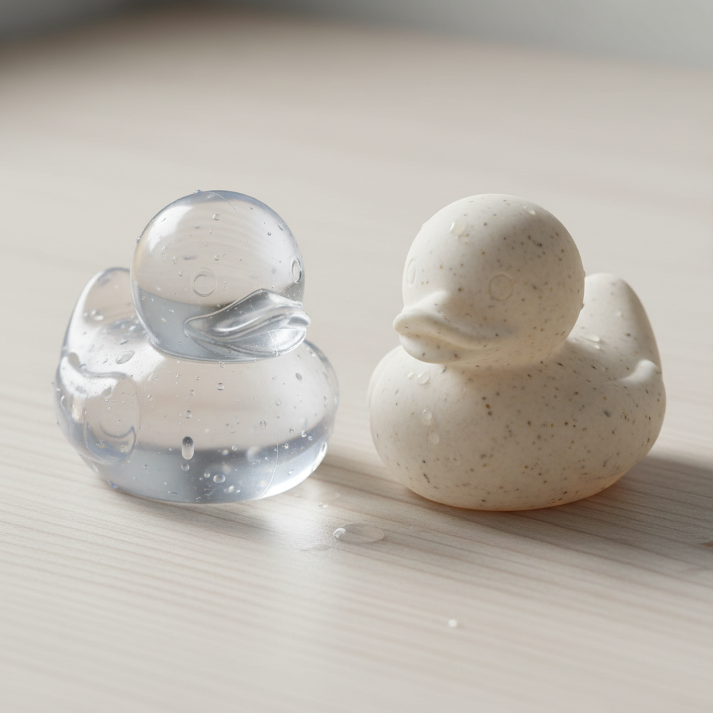 A clean, bright studio photo of a child's bathtub with two rubber duckies side by side. One is made from shiny, translucent new silicone, and the other is made from slightly textured, opaque recycled silicone, placed on a white or light wood surface.