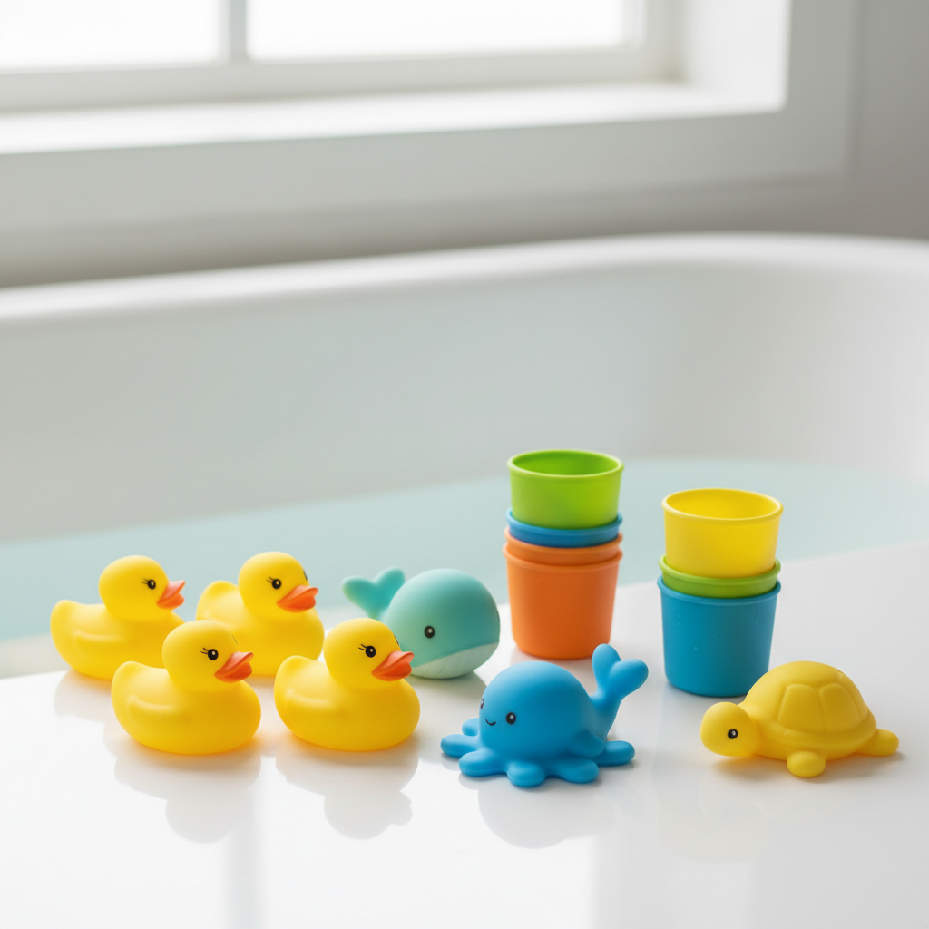 A collection of colorful, safe bath toys for toddlers arranged neatly on a white bathroom shelf or in a clean bathtub.