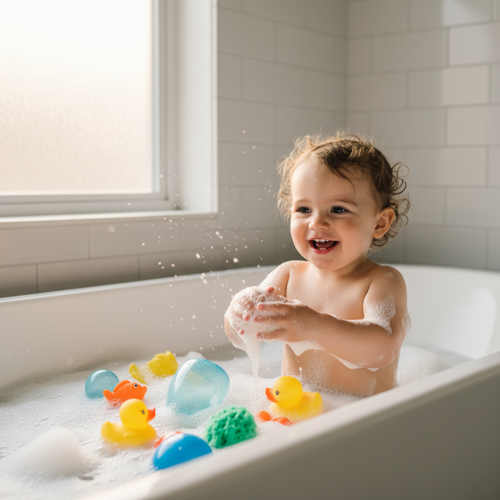A joyful toddler playing with colorful foam, floating toys, and water in a bathtub, with soft natural lighting