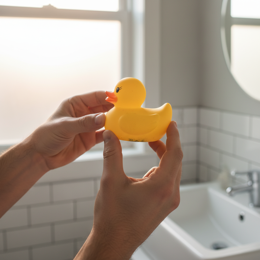 A parent carefully inspecting a rubber duck bath toy for signs of mold growth, holding it up to the light in a clean, well-lit bathroom environment