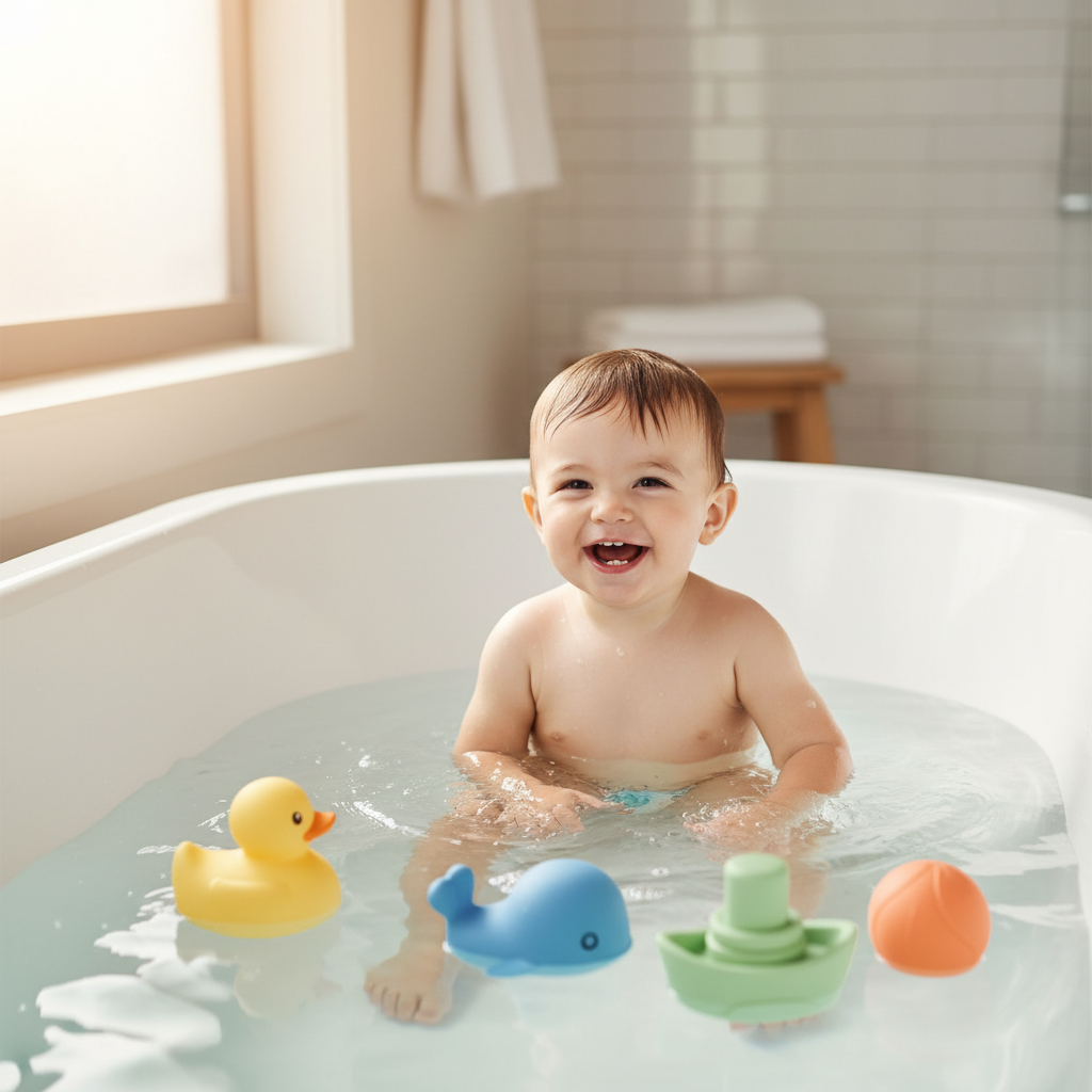 A happy toddler playing with colorful, clean bath toys in a well-lit bathtub with clean water, showing safe and hygienic bath time