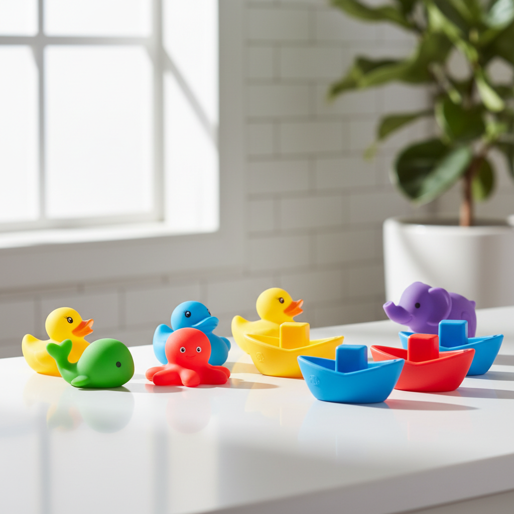 A collection of clean, modern dishwasher-safe bath toys arranged on a white bathroom counter with natural sunlight