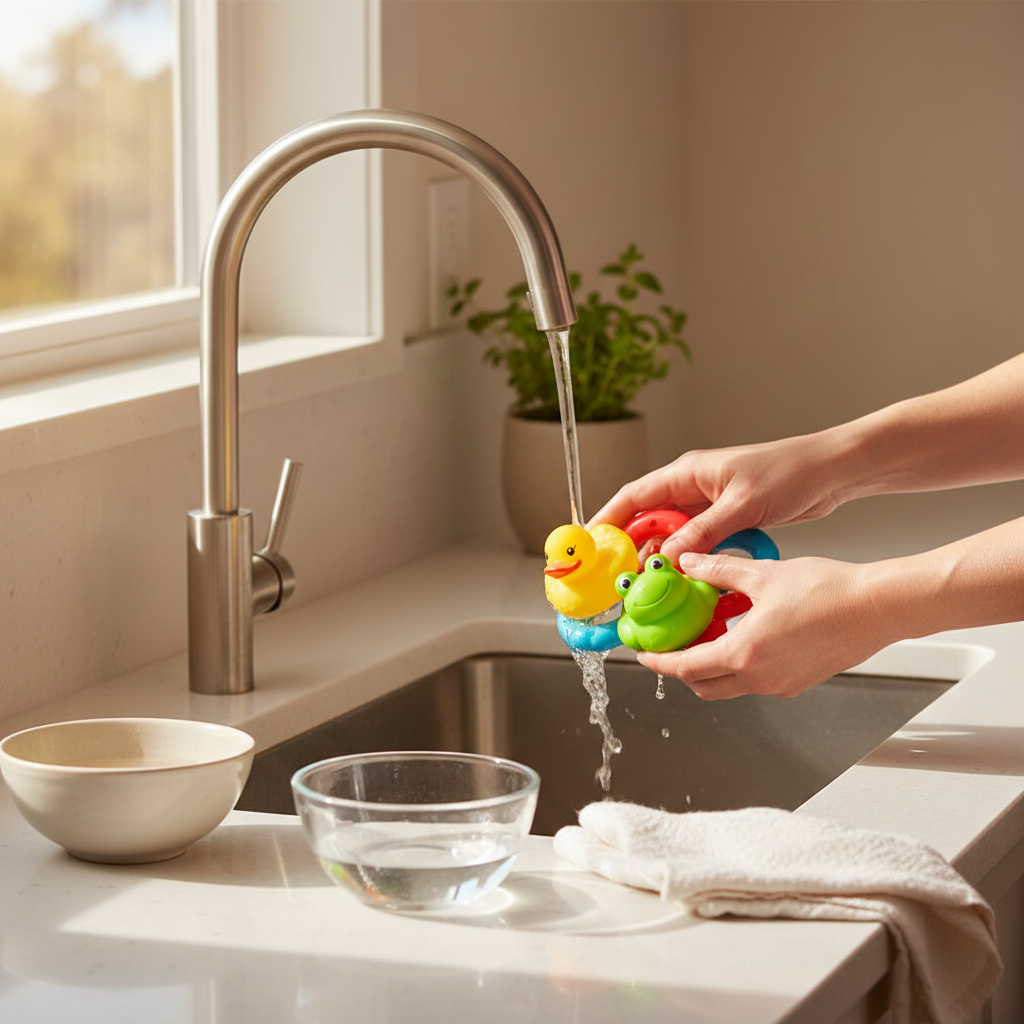 A parent gently cleaning colorful baby bath toys at a sink with safe cleaning supplies.