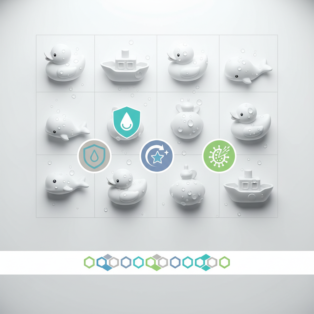 A clean scientific illustration of bath toys with water droplets and hygiene-focused symbols in a professional whitepaper style.