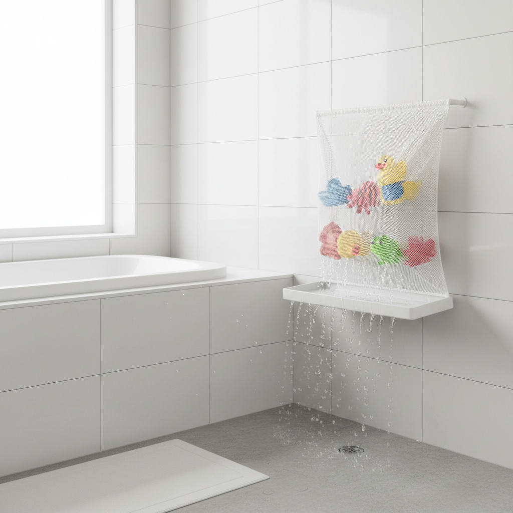 Bath toys drying openly in a clean modern bathroom with good airflow and hygienic storage.