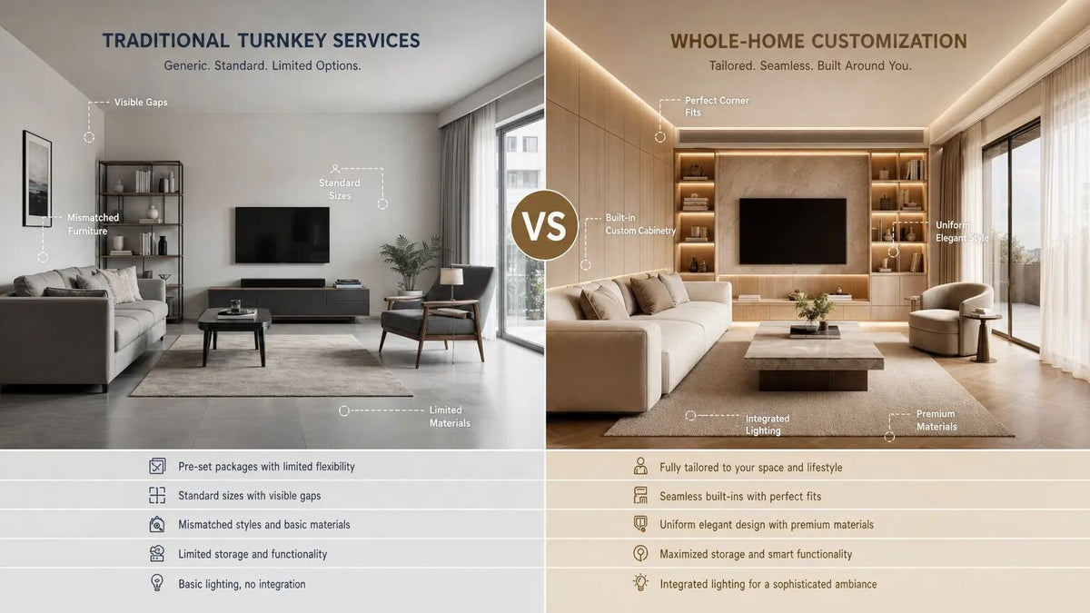 Split-screen living room comparison of traditional turnkey services and whole-home customization