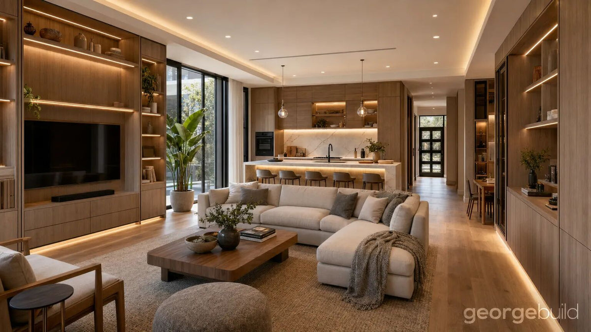 Modern open-plan living room and kitchen with wood cabinetry, white sectional sofa, and warm LED lighting
