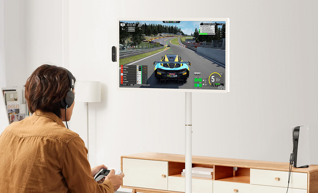 White portable gaming monitor for racing gameplay